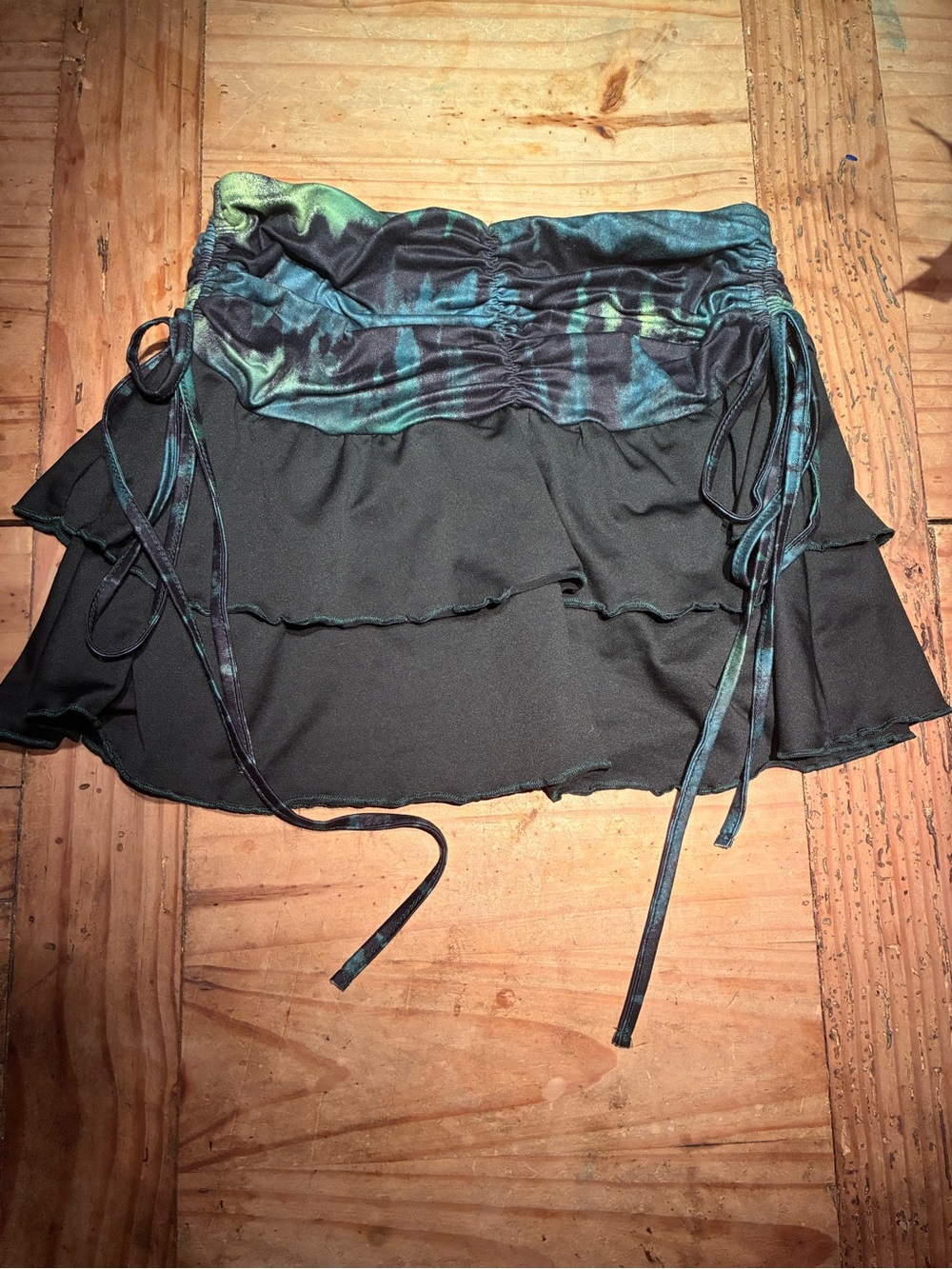 Black Mini Skirt with Shimmery Blue-Green Drawstring Waist